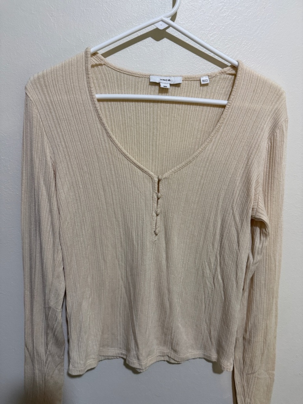 Vince Beige Ribbed Long-Sleeve Henley Top